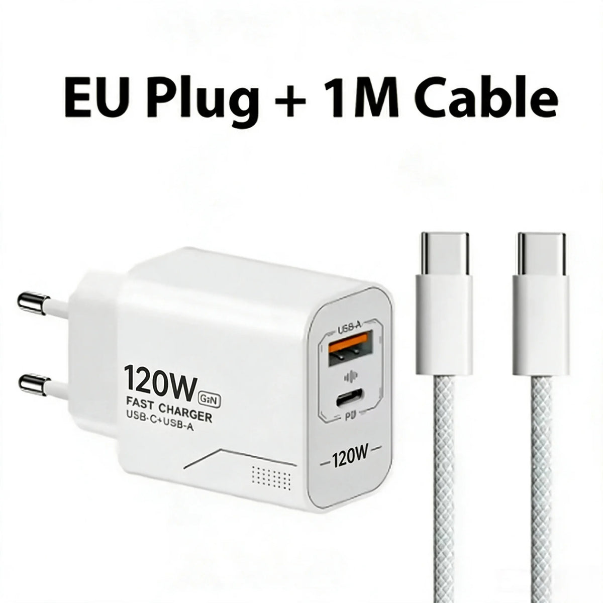 120W GaN 2‑Port USB‑C Wall Charger US/EU Plug PD Quick Power Adapter for iPhone Samsung Xiaomi Android Phone