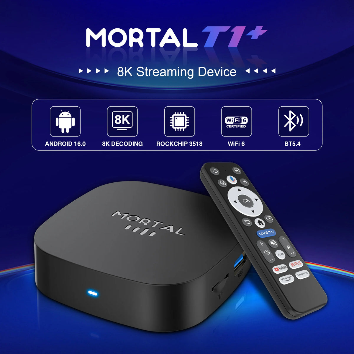 Boîtier TV intelligent 2026 Mortal T1+ Android 16 pour Home Cinéma, compatible RK3518, Bluetooth 5.4, Google Assistant, lecteur de streaming, WiFi 6