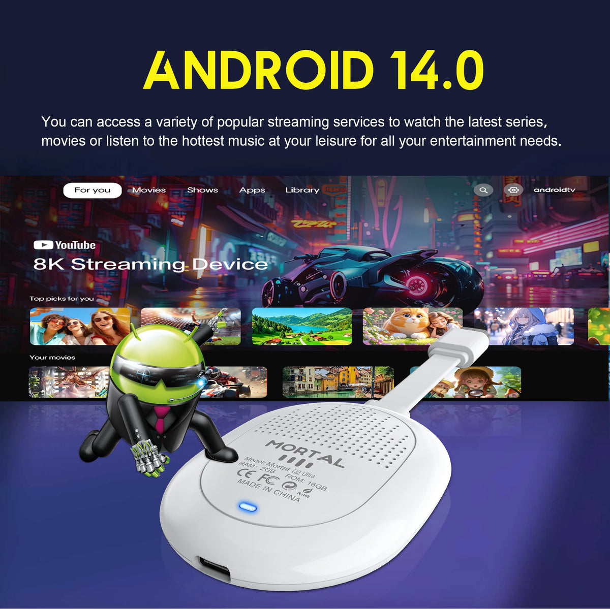 Clé TV Mortal Q2 Ultra BT5.X, version internationale, Android 14.0, Wi-Fi 6, streaming sans fil, HDMI, multilingue, Rockchip 3518