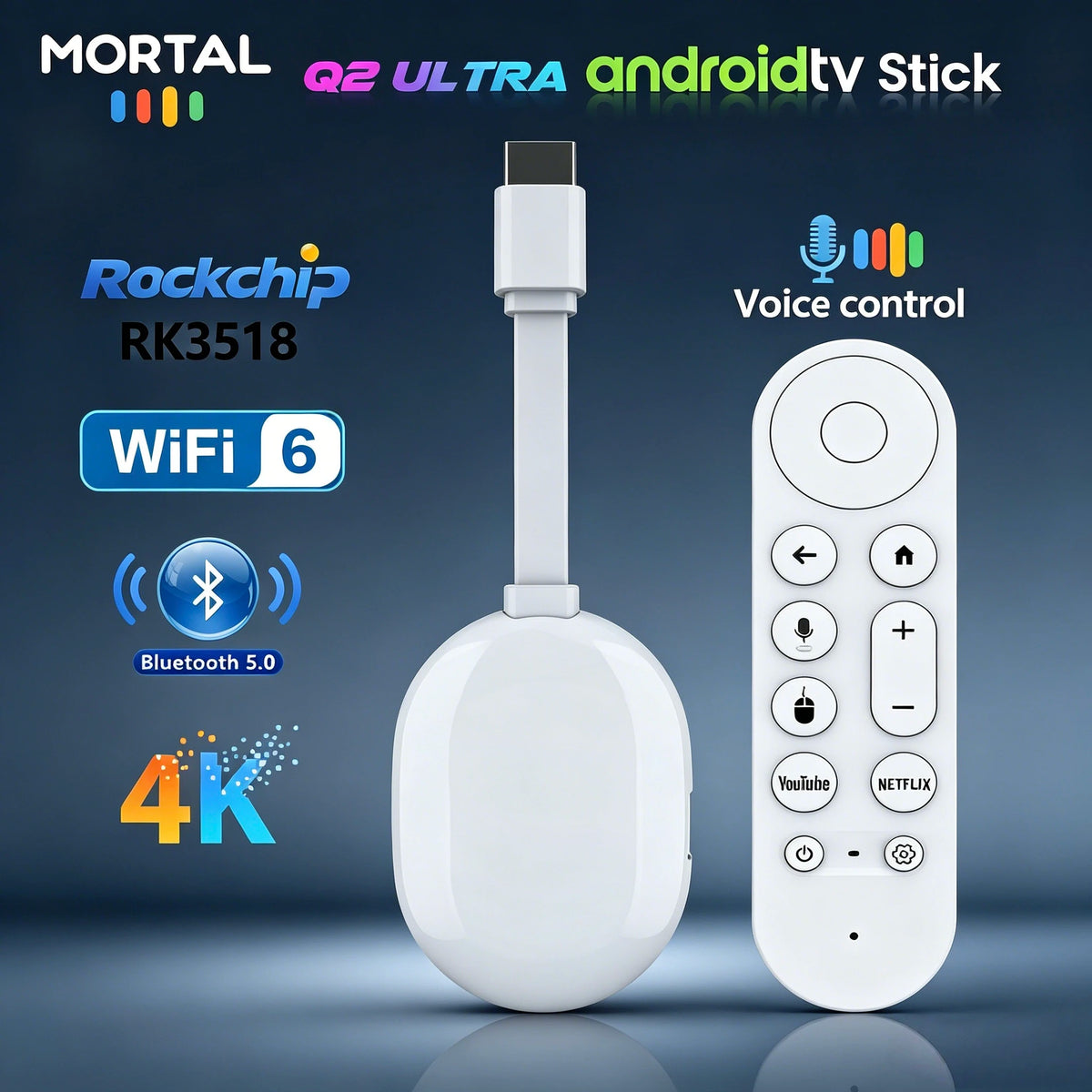 Clé TV Mortal Q2 Ultra BT5.X, version internationale, Android 14.0, Wi-Fi 6, streaming sans fil, HDMI, multilingue, Rockchip 3518