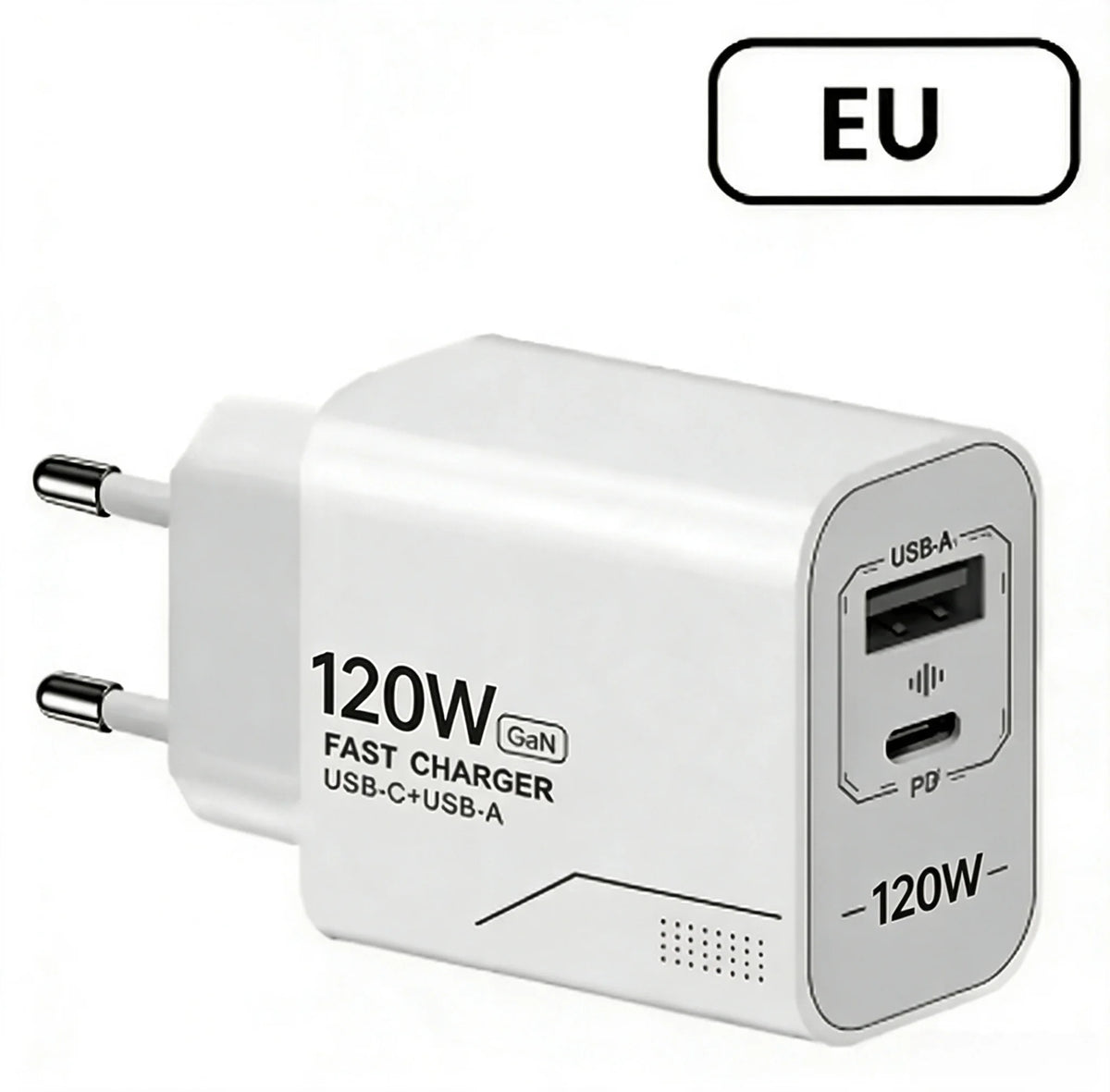 120W GaN 2‑Port USB‑C Wall Charger US/EU Plug PD Quick Power Adapter for iPhone Samsung Xiaomi Android Phone