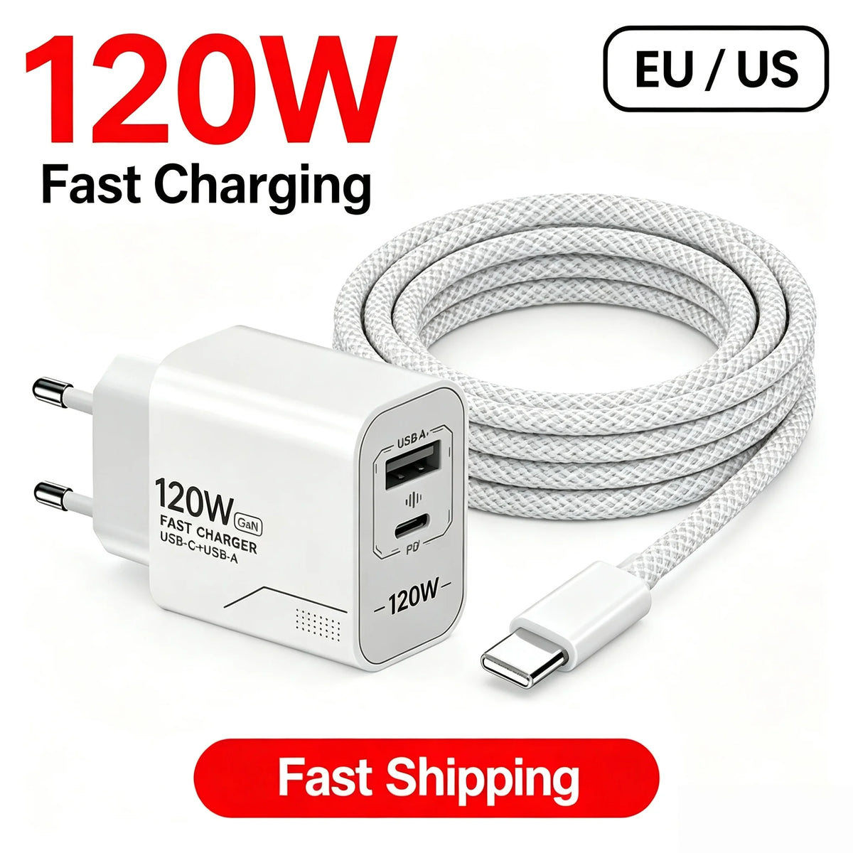 120W GaN 2‑Port USB‑C Wall Charger US/EU Plug PD Quick Power Adapter for iPhone Samsung Xiaomi Android Phone