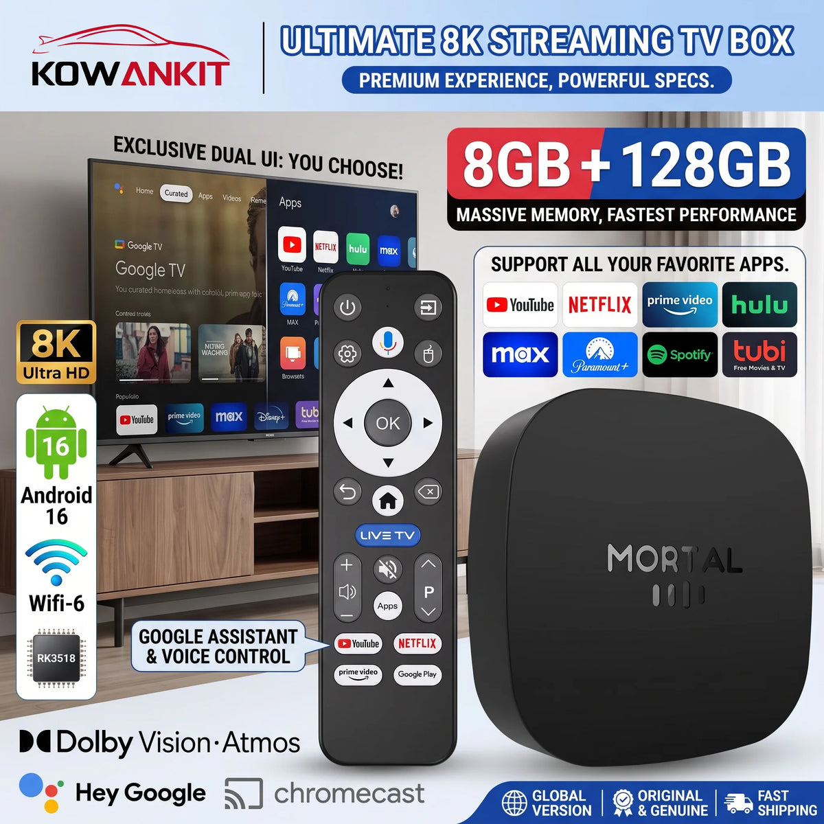 Boîtier TV intelligent 2026 Mortal T1+ Android 16 pour Home Cinéma, compatible RK3518, Bluetooth 5.4, Google Assistant, lecteur de streaming, WiFi 6